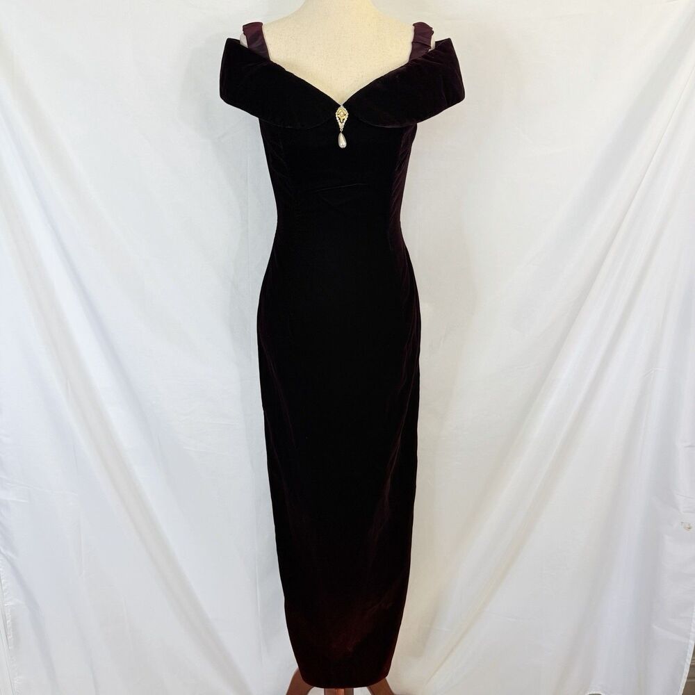 Vintage Jessica McClintock Gunne Sax Velvet Deep Red Dress 5/6 Off Shoulder Long